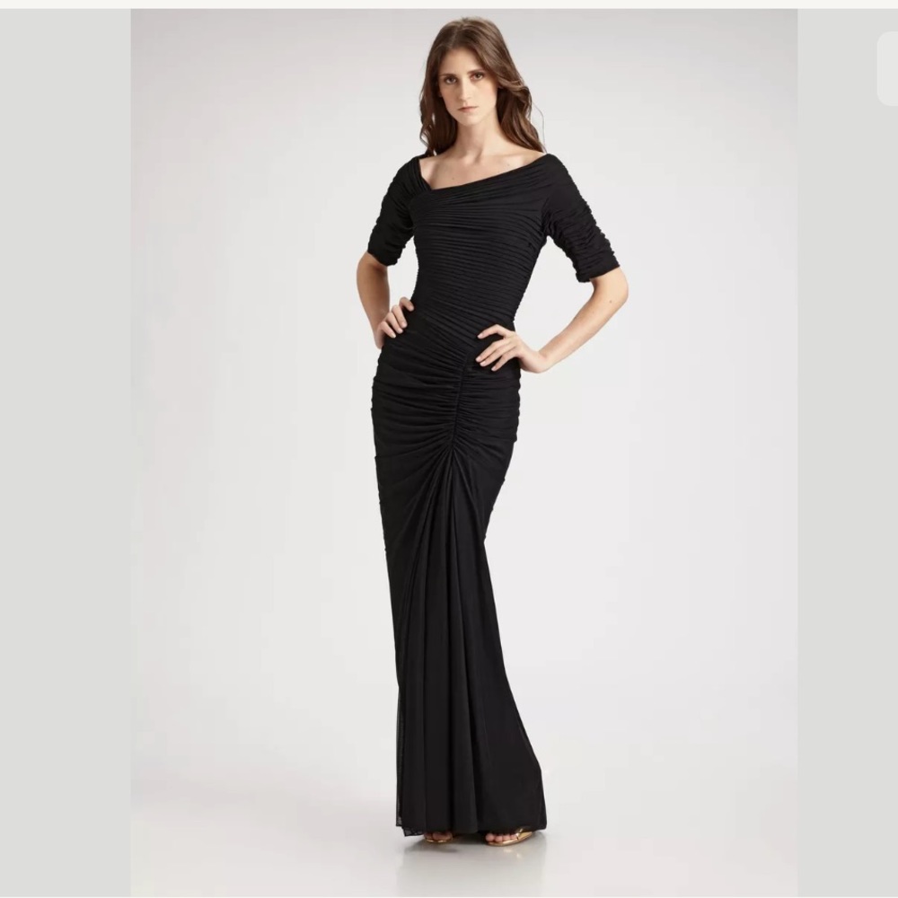 Tadashi Shoji Asymmetrical Ruched Mesh Dress